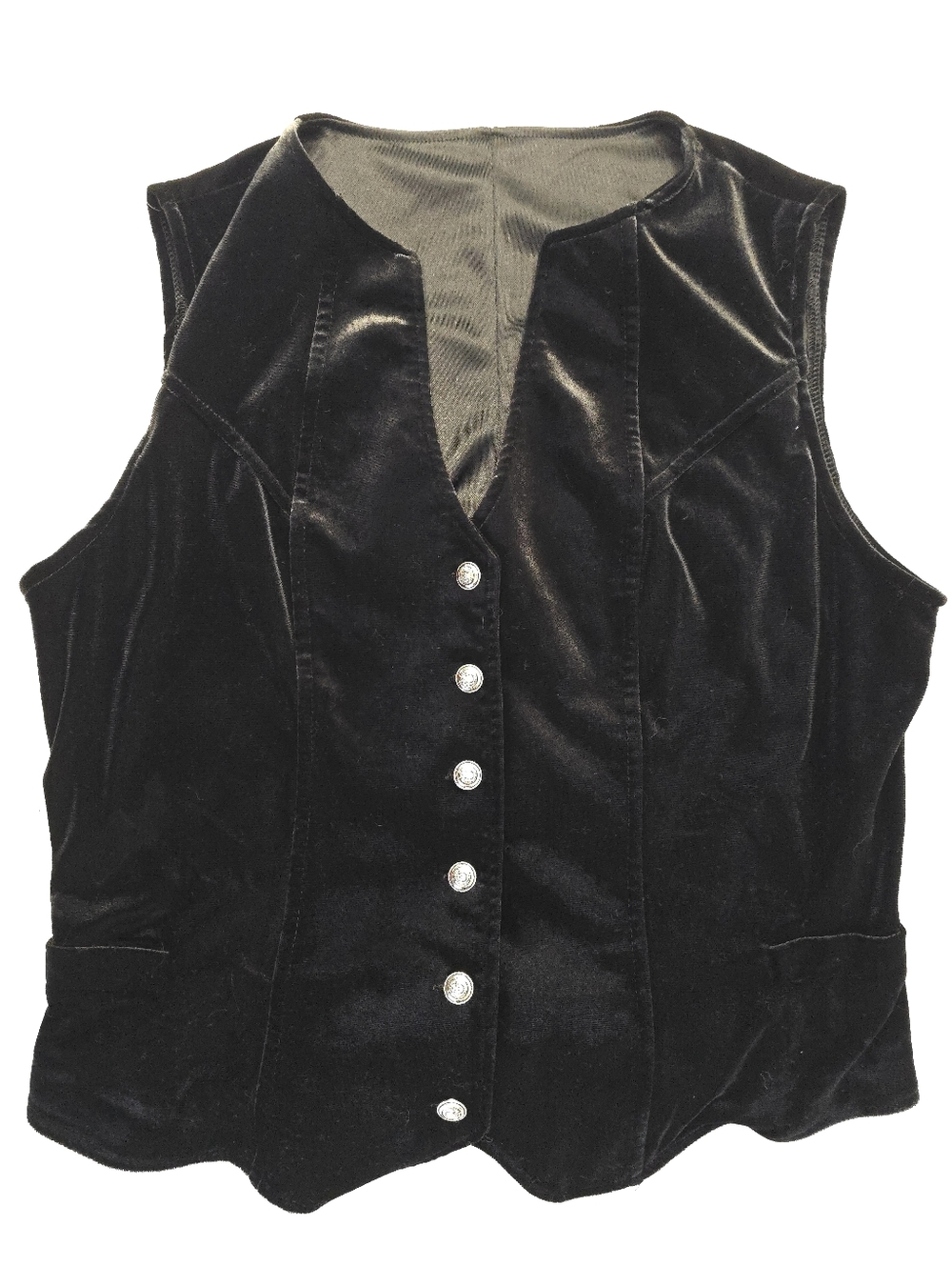 Black Velvet Vest Button Front V-neck Tailored Back Cinch Vintage Style XL